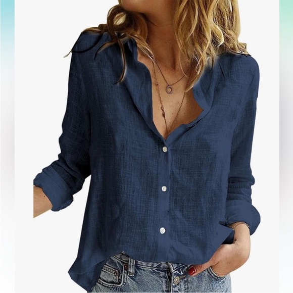 Sigrid Olsen 100% Linen Tunic Shirt Sz L Navy Blue Long Sleeve Button Down Vneck - Picture 1 of 6